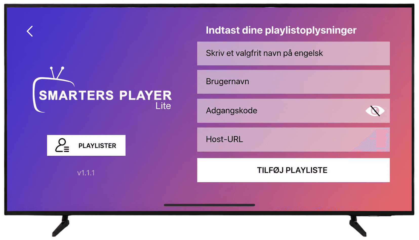 Add Playlist-skærmen med felter til navn, brugernavn, adgangskode og host i Smarters Player
